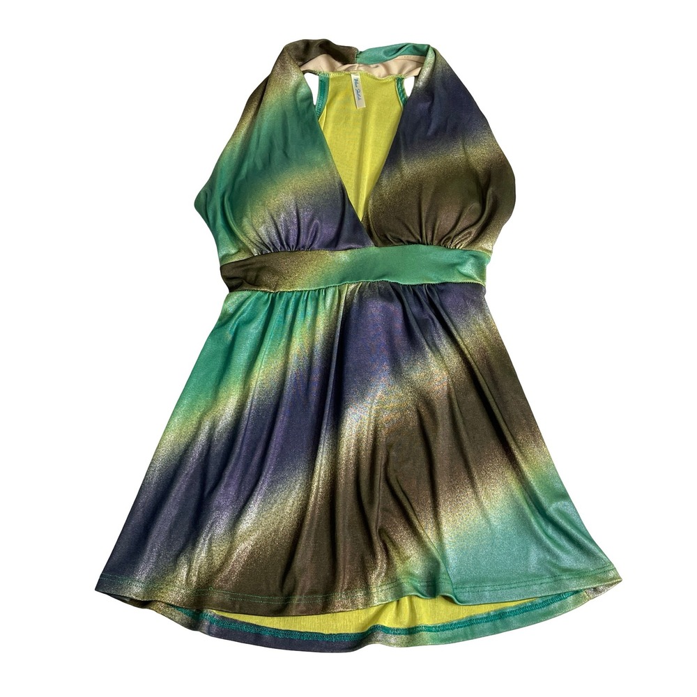Y2K Blue Sketch Halter Top Womens S Green Purple Ombre Metallic Shimmer Tie Back